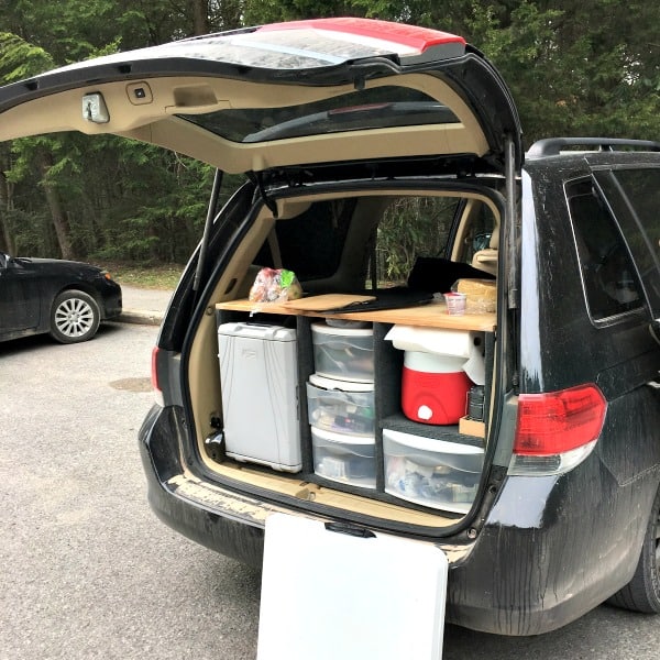 Trunk kitchen of a minivan camper.