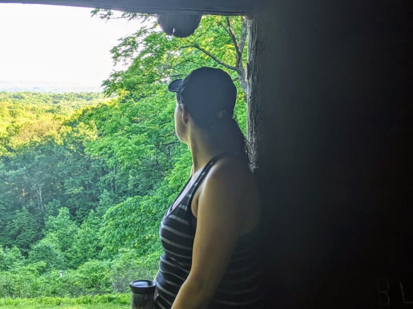 Enjoying the view from a lookout tower In Brown County State Park, Indiana.