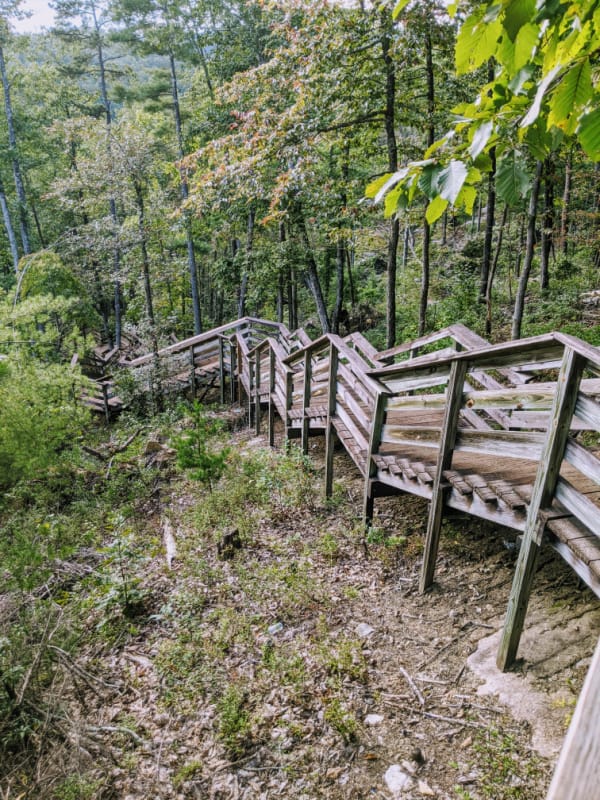 The stairs to the bottom of The Top of Upper Stone Falls: Stone Mountain State Park, North Carolina 