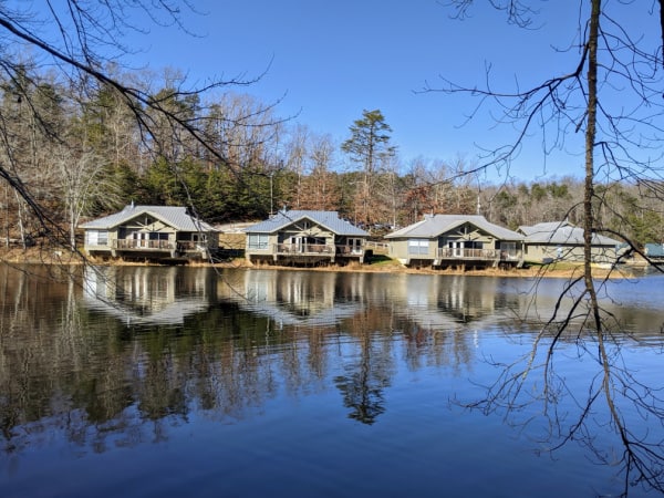 The cabins along the shore of Fall Creek Lake, Tennessee.