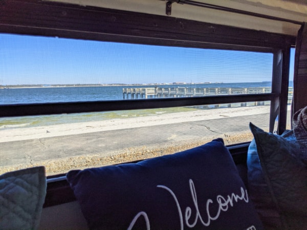 The view of the fishing pier in Fort Pickens as seen from the window of our truck camper. 