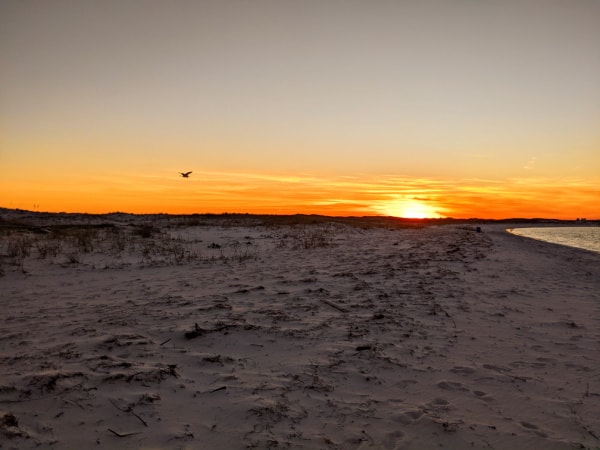 The sun setting over the sand in Fort Pickens area of the Gulf Islands National Seashore. 