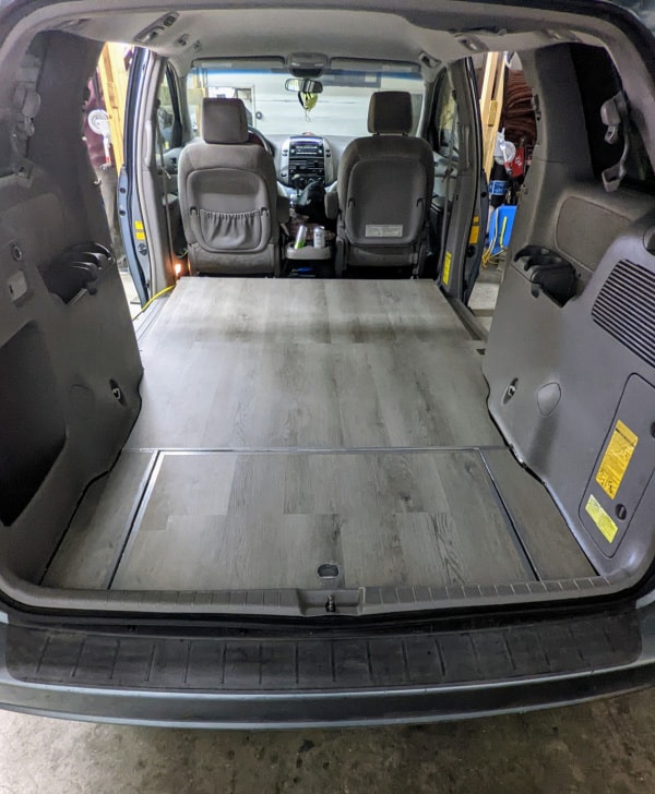 What the level floor in the minivan looks like with seats permanently removed. 