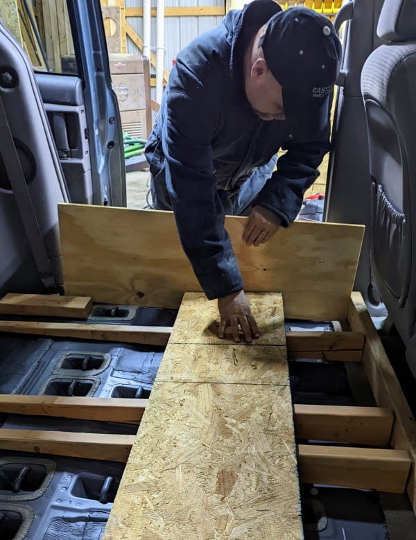 Getting the height right for the side end caps for the level minivan camper van floor. 