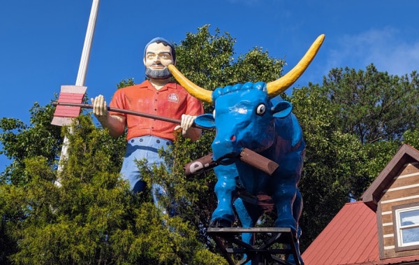 Paul Bunyan Muffler Man and Giant Blue Ox--The Log Cabin Home Sales, Rocky Mount