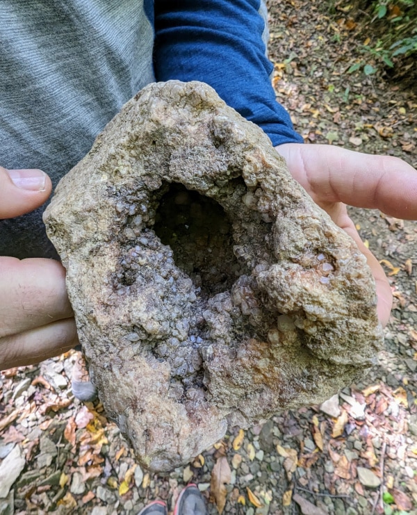 Geode found in stream bed along Three Lake Trail, Morgan-Monroe State Forest, Indiana. 