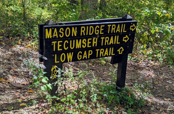 Trail sign for the Low Gap Trail, Morgan-Monroe State Forest, Indiana.