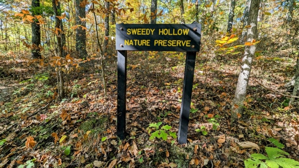 Sign for Sweedy Hollow Nature Preserve along Low Gap Trail, Morgan-Monroe State Forest, Indiana.