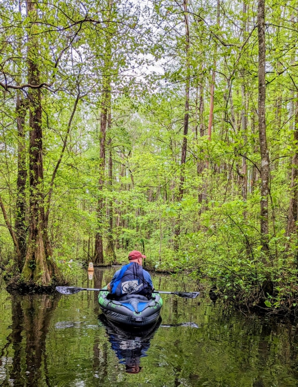 Kayaking on Roberston Millpond Preserve, NC. Kayaks are a favorite adventure item that we bring with us RVing. 