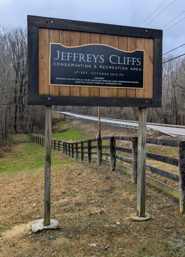 The sign for Jeffreys Cliffs Conservation & Recreation Area.