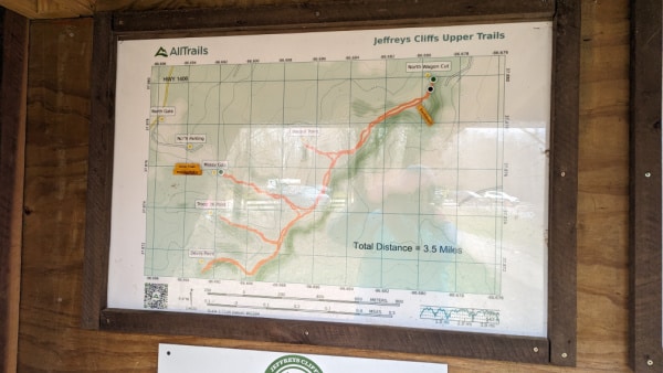 Upper trail map of trails at Jeffreys Cliffs Conservation & Recreation Area, Kentucky. 