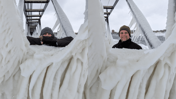 Portraits framed by the massive icicles on the catwalk of the St. Joseph lighthouse. 