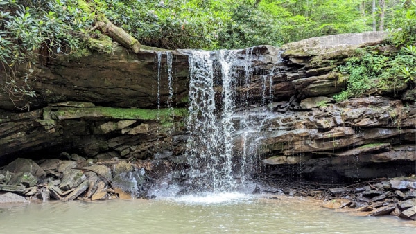 A waterfall at Twin Falls Resort Park. We visit many state parks for their beautiful trails and inexpensive accommodations.