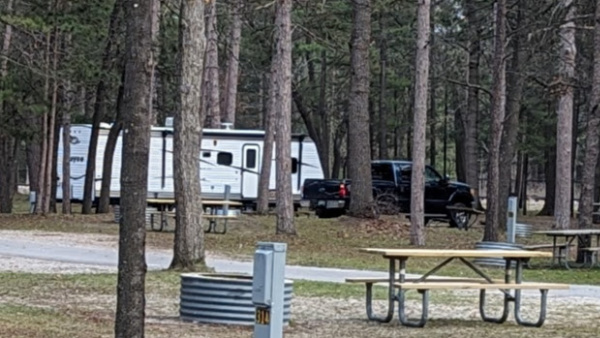 Our Jayco trailer parked at Traverse City State Park